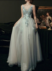 Light Green Tulle V-neckline Long Party Dress, Green Evening Dresses Party Dresses