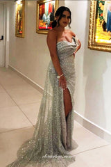 Light Grey Sequined Tulle Pleating Strapless Sheath With Slit Sparking Prom Dresses, CP0998