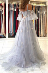 Light Grey Tulle 3D Applique Puffy Sleeves A-line Prom Dresses, CP0973
