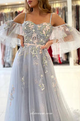 Light Grey Tulle 3D Applique Puffy Sleeves A-line Prom Dresses, CP0973