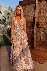 Light Pink 3D Lace V-neck A-line Prom Dresses, CP0693