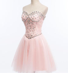 Light Pink Beaded Tulle and Lace Sweetheart Homecoming Dress, Pink Tulle Prom Dress