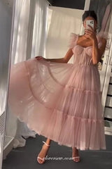 Light Pink Pleating Tulle Sweetheart Cap Sleeves Ankle Length Prom Dresses, CP1005