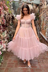 Light Pink Pleating Tulle Sweetheart Cap Sleeves Ankle Length Prom Dresses, CP1005