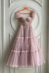Light Pink Pleating Tulle Sweetheart Cap Sleeves Ankle Length Prom Dresses, CP1005