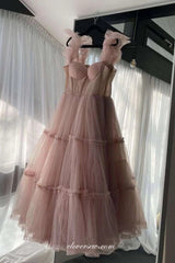 Light Pink Pleating Tulle Sweetheart Cap Sleeves Ankle Length Prom Dresses, CP1005
