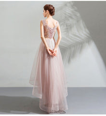 Light Pink V-neckline Lace Applique High Low Party Dress, Pink Tulle Short Homecoming Dresses