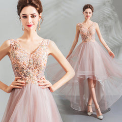 Light Pink V-neckline Lace Applique High Low Party Dress, Pink Tulle Short Homecoming Dresses