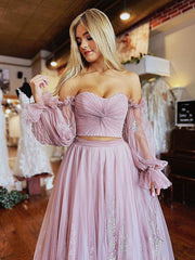 Light Purple Floral Lace Prom Dresses, Light Purple Floral Lace Formal Evening Dresses