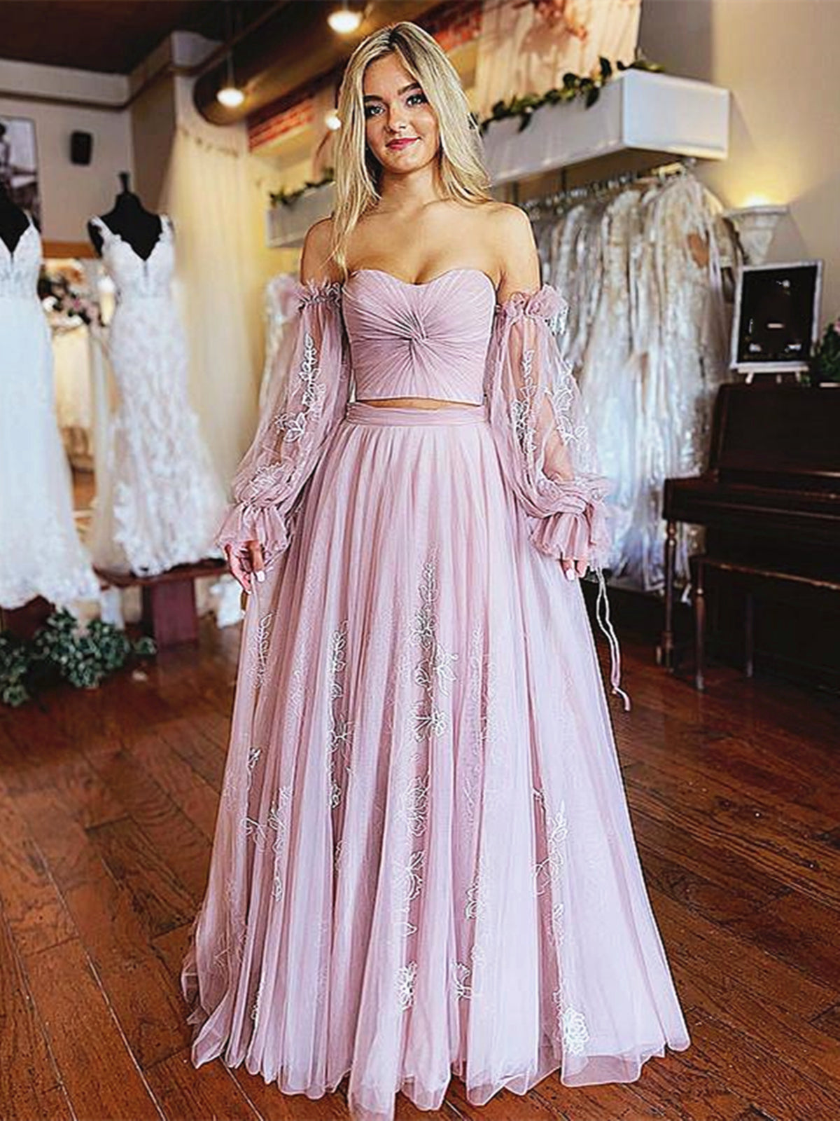 Light Purple Floral Lace Prom Dresses, Light Purple Floral Lace Formal Evening Dresses