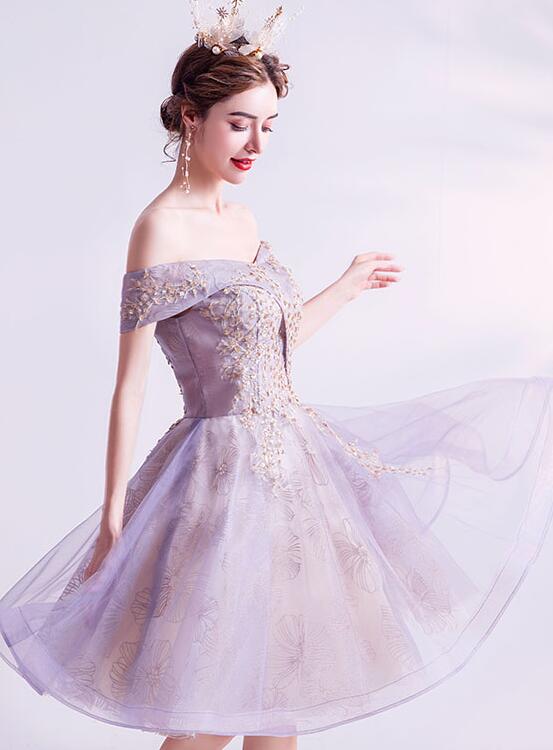 Light Purple Sweetheart Lace Applique Short Homecoming Dress, Tulle and Lace Prom Dress