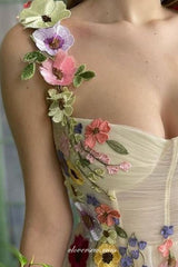 Light Yellow 3D Floral Applique Square Neck Sleeveless Short Party Dresses, CP1014