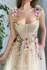 Light Yellow 3D Floral Applique Square Neck Sleeveless Short Party Dresses, CP1014