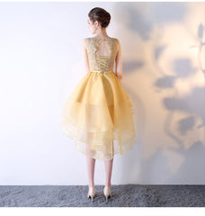 Light Yellow Organza and Lace High Low Party Dress, Short Cute Prom Dress Homecoming Dress