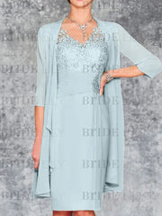 Two Piece Ruffle Chiffon Mother of the Bride Outfit Lace Short Wedding Guest Dress