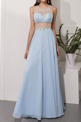 Blue A Line Chiffon Prom Dress With Appliques