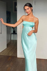 Light Blue Spaghetti Straps Sheath Backless Satin Long Prom Dress