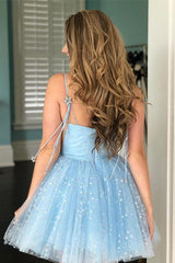 Light Blue Stars Tulle Homecoming Dresses Short Sweet Party Dresses HD0125