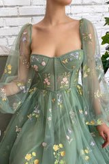 Light Green Embroidered Tulle dress Prom Dress Puffy Long Sleeve TP1133