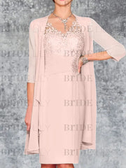 Two Piece Ruffle Chiffon Mother of the Bride Outfit Lace Short Wedding Guest Dress
