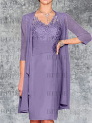 Two Piece Ruffle Chiffon Mother of the Bride Outfit Lace Short Wedding Guest Dress