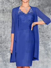 Two Piece Ruffle Chiffon Mother of the Bride Outfit Lace Short Wedding Guest Dress