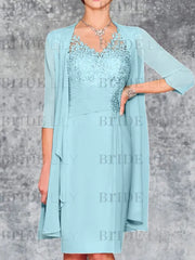 Two Piece Ruffle Chiffon Mother of the Bride Outfit Lace Short Wedding Guest Dress