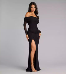 Lightweight and close fitting mesh knit off shoulder collar slim fit long sleeved high slit mermaid and floor Prom Dresses
