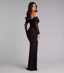 Lightweight and close fitting mesh knit off shoulder collar slim fit long sleeved high slit mermaid and floor Prom Dresses