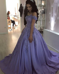 Lilac Lace Flowers Beaded V-neck Ball Gown Satin Dresses Off Shoulder