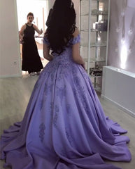 Lilac Lace Flowers Beaded V-neck Ball Gown Satin Dresses Off Shoulder