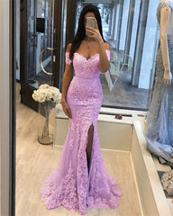 Off The Shoulder Lace Mermaid Prom Dresses With Slit