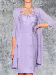 Two Piece Ruffle Chiffon Mother of the Bride Outfit Lace Short Wedding Guest Dress