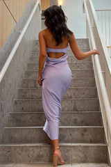 Lilac Strapless Fitted Satin Maxi Party Prom Dress Open Back