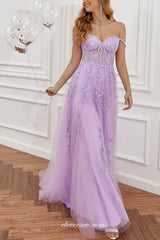 Lilac Lace Applique Sweetheart A-line Side Slit Prom Dresses, CP0810