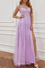 Lilac Lace Applique Sweetheart A-line Side Slit Prom Dresses, CP0810