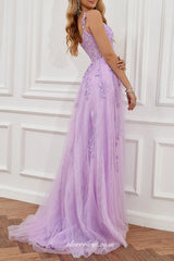 Lilac Lace Applique Sweetheart A-line Side Slit Prom Dresses, CP0810
