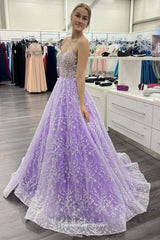 Lilac Lace Beaded Spaghetti Strap A-line Prom Dresses, CP0826
