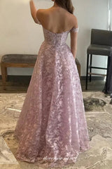 Lilac Lace Beading Off The Shoulder Sweetheart A-line Graduation Prom Dresses, CP1059