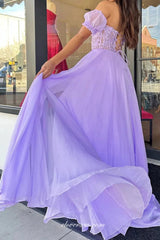 Lilac Lace Chiffon Sweetheart Strapless With Detachable Sleeves A-line Prom Dresses, CP1091