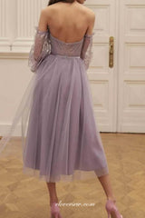 Lilac Lace Tulle Half Sleeves Off The Shoulder Party Homecoming Dresses, CH0036