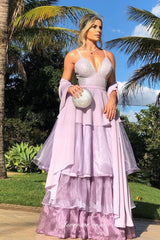 Lilac Organza Sweetheart Spaghetti Strap Tiered Prom Dresses, CP0670