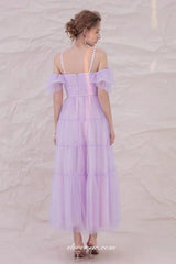 Lilac Pleating Tulle Off The Shoulder Tea Length Wedding Party Bridesmaid Dresses, CB0295