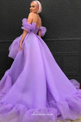 Lilac Ruffles Organza Off The Shoulder High Low Ball Gown Prom Dresses, CP0731