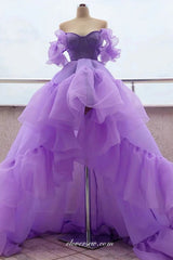 Lilac Ruffles Organza Off The Shoulder High Low Ball Gown Prom Dresses, CP0731