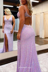 Lilac Sequined Beading Open Back Sheath Side Slit Prom Dresses, CP0836