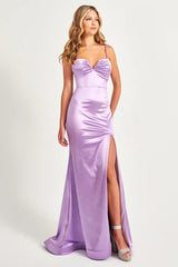 Lilac Spaghetti Straps Sheath Backless Satin Long Prom Dress