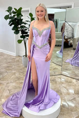 Lilac Spaghetti Straps Sheath Satin Long Prom Dress with Slit