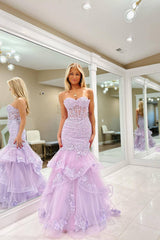 Lilac Sweetheart Mermaid Applique Ruffled Long Prom Dress