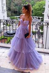 Lilac Tulle Tiered Spaghetti Strap Sweetheart Elegant Prom Dresses, CP0829